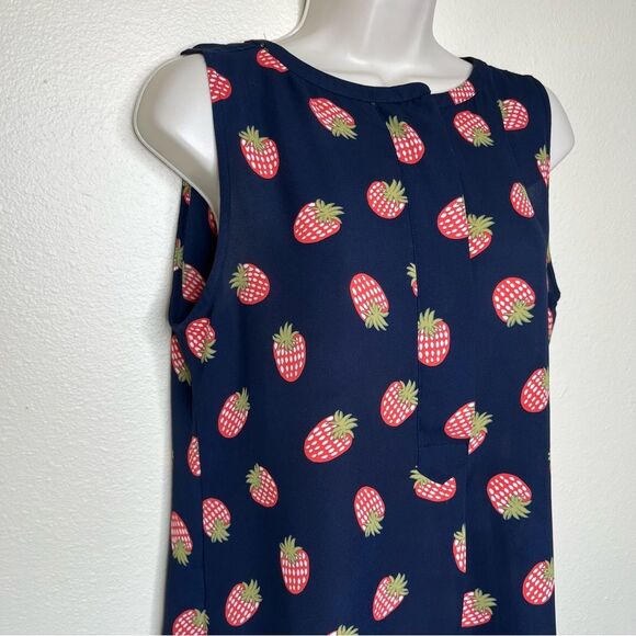 Loft Strawberry Sleeveless Navy Red Green Button Placket Popover Top Women Small - Picture 2 of 13